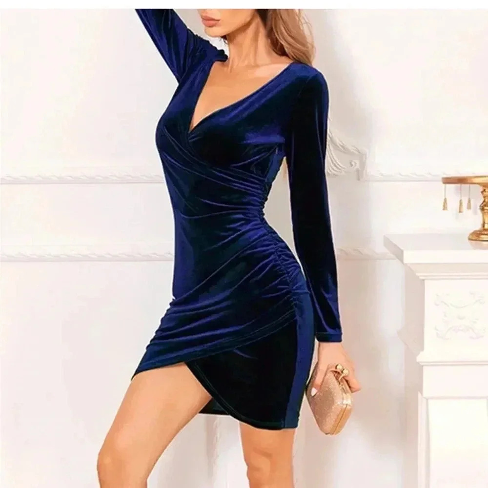 GUBBERRY Womens Velvet Wrap Dress Navy Blues Long Sleeve VNeck Bodycon Ruched M